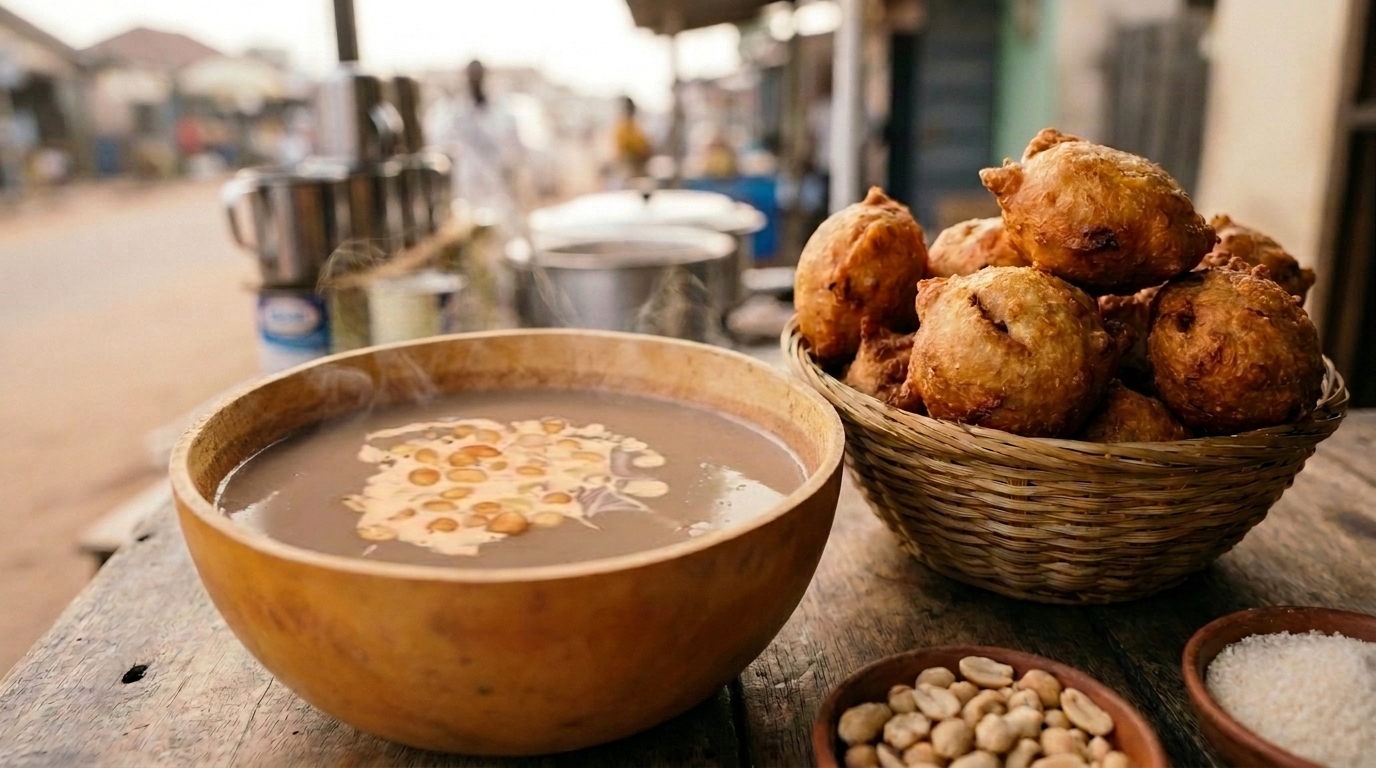Steaming Ghanaian Hausa koko porridge served with freshly fried golden koose bean cakes