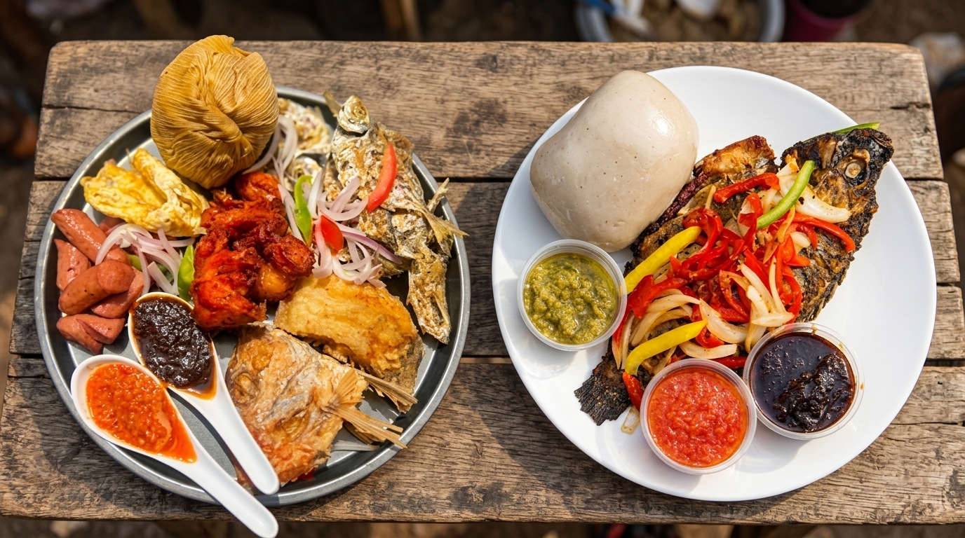 Authentic Ghanaian Ga Kenkey with fried fish and shito alongside Banku with grilled tilapia and pepper sauces