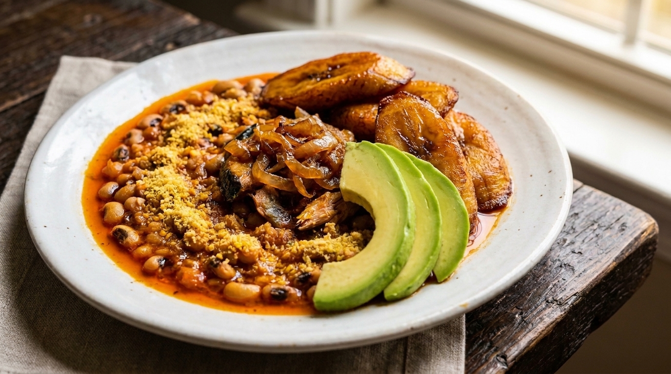 Ghanaian Red Red cowpea bean stew cooked in red palm oil served with sweet fried ripe plantains