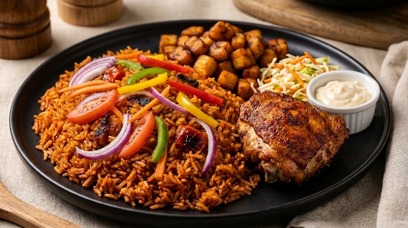 Authentic smoky Ghanaian party jollof rice served with spiced grilled chicken and fried plantains