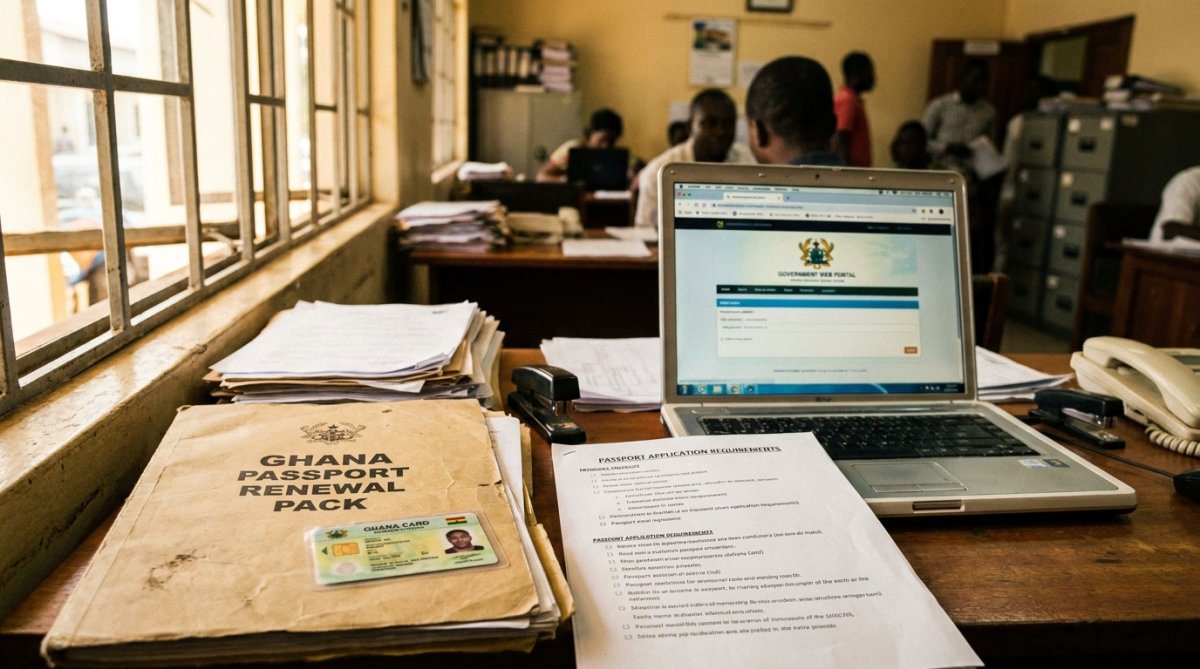 Ghana passport renewal documents beside a laptop and Ghana Card