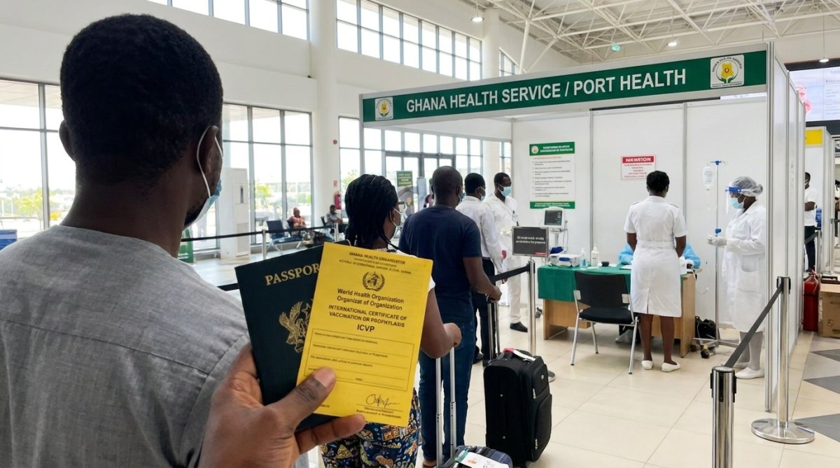 Ghana Port Health yellow card and passport inspection at Kotoka International Airport Terminal 3 in Accra