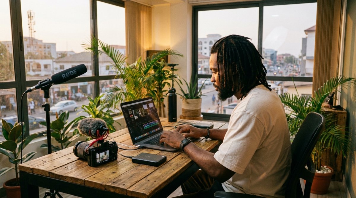 A Ghanaian content creator editing video projects in an Accra media production workspace