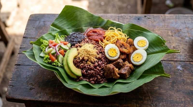 Authentic Ghanaian waakye with gari, black shito, plantain, and beef served in green katemfe leaves