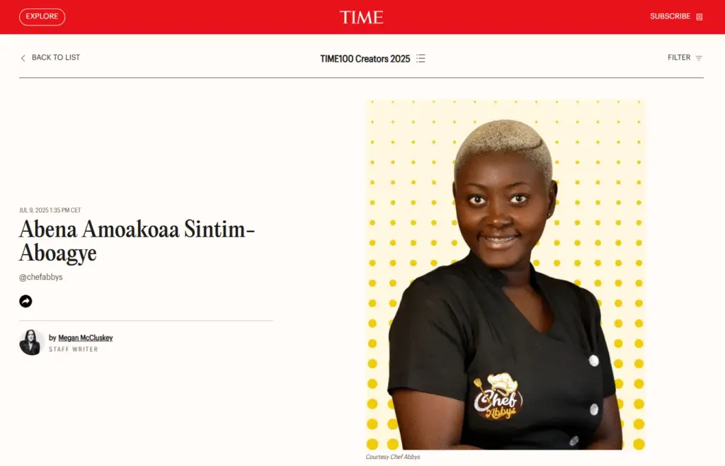 Chef Abbys featured on TIME Magazine's 100 Most Influential Creators 2025 list, official profile portrait on yellow background with TIME100 Creators 2025 header