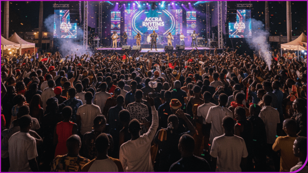A wide, cinematic night view of Accra in December, showing a lively outdoor concert or street festival.