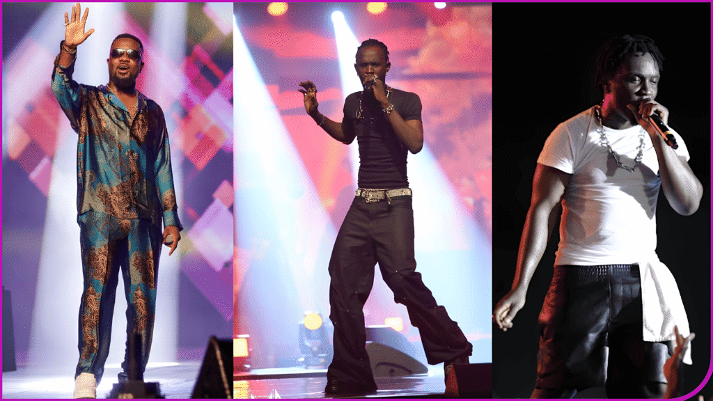 Three Ghanaian artists performing on stage, representing Apple Music Ghana 2025 streaming leaders