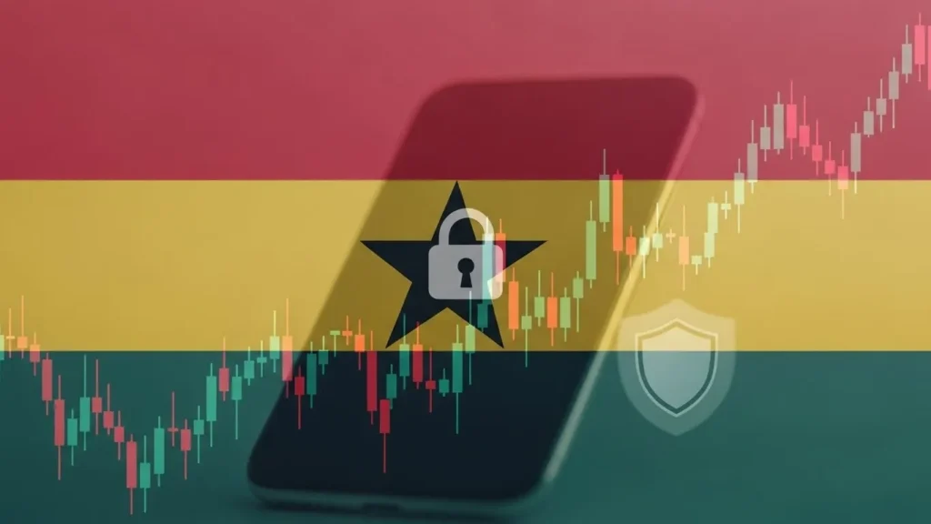 Smartphone with crypto chart and security icon over Ghana colours, symbolising safe crypto trading in Ghana.