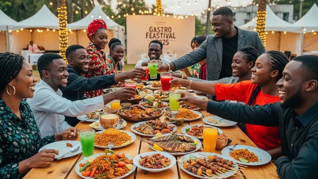 A vibrant overhead shot of a long wooden table at an outdoor food festival in Accra, Ghana, covered with colourful Ghanaian dishes like jollof rice, grilled tilapia, kelewele, waakye and skewered kebabs, with bright drinks in calabashes and glass cups. Around the table, a diverse group of young Ghanaians in casual December-in-Gh outfits are laughing, reaching for food and clinking glasses, with soft evening golden light and blurred festival tents, palm trees and string lights in the background, plus a subtle “Gastro Feastival 2025” banner visible behind them.