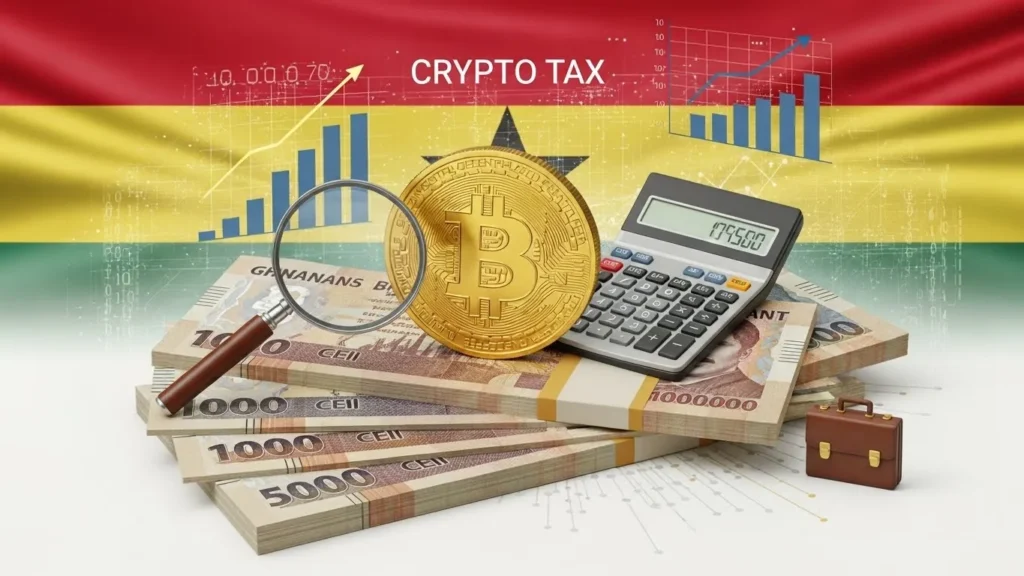 crypto tax in Ghana illustration with bitcoin coin calculator and Ghana cedi notes