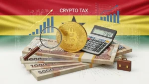 crypto tax in Ghana illustration with bitcoin coin, calculator and Ghana cedi notes