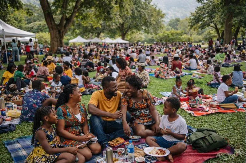 families and friends relaxing at an outdoor park event in Aburi