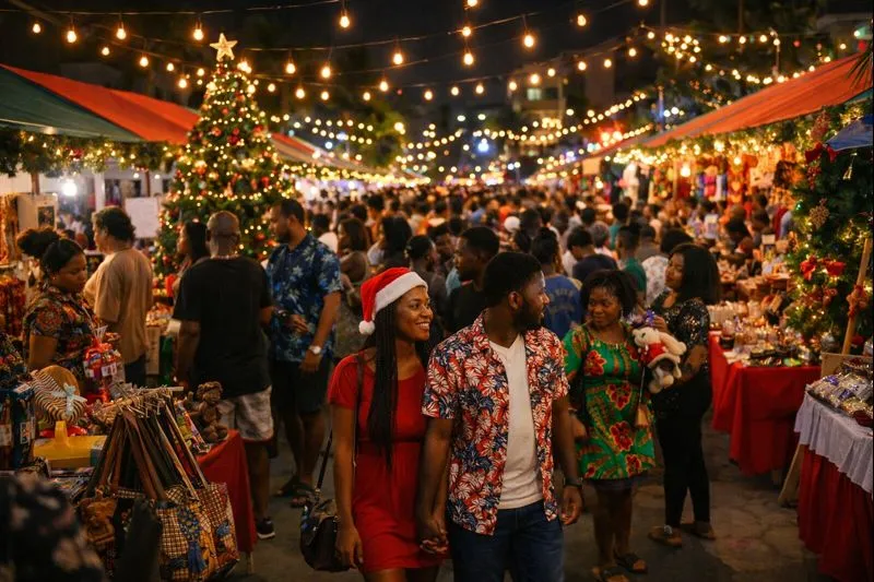 festive Christmas market scene in Accra with lights and shoppers