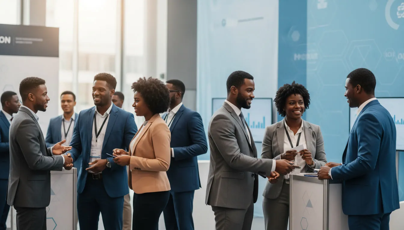 Business professionals networking at a conference.