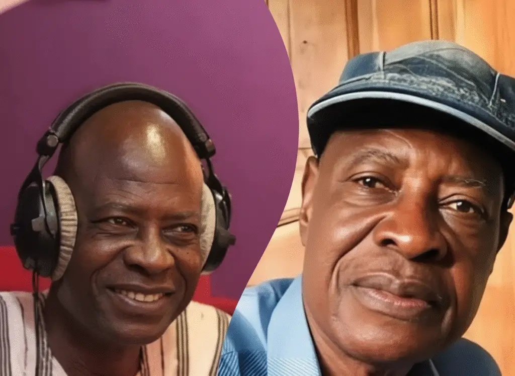 Portrait of veteran Ghanaian actor William Addo ‘Akpatse’ smiling in a radio studio and in a casual cap, used as tribute image for memorial blog post