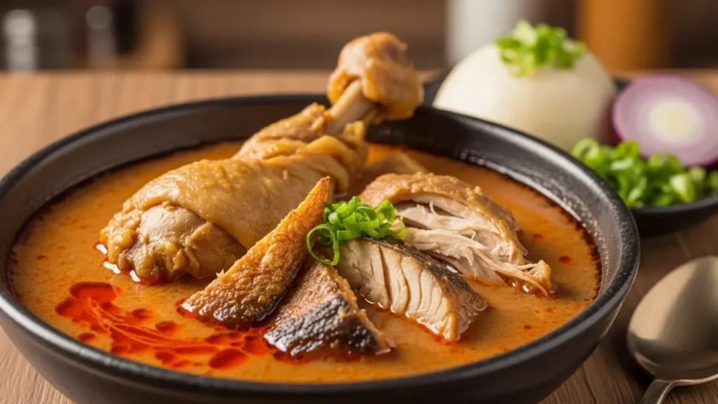 Ghana groundnut soup with chicken and fish