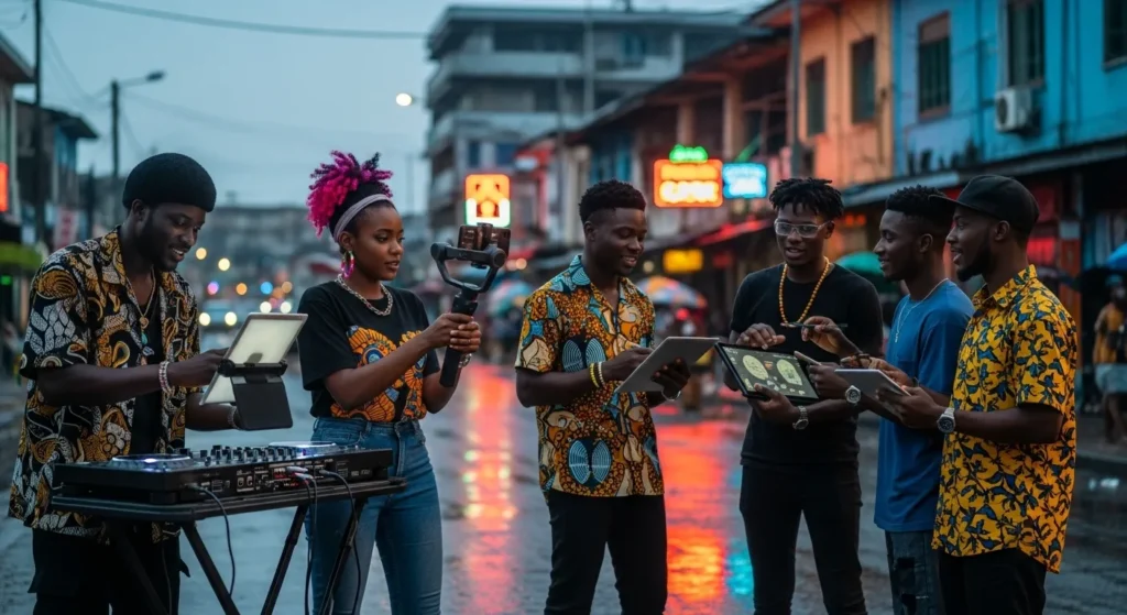 Ghanaian youth culture shaping global trends – vibrant Accra street scene with music, fashion, digital creativity.