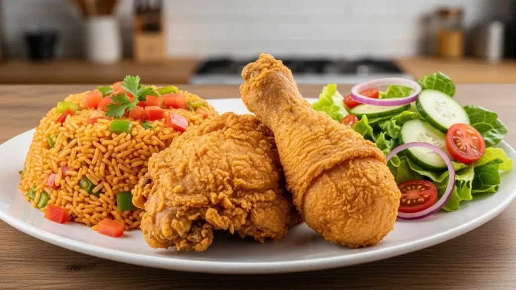 jollof rice with chicken and salad