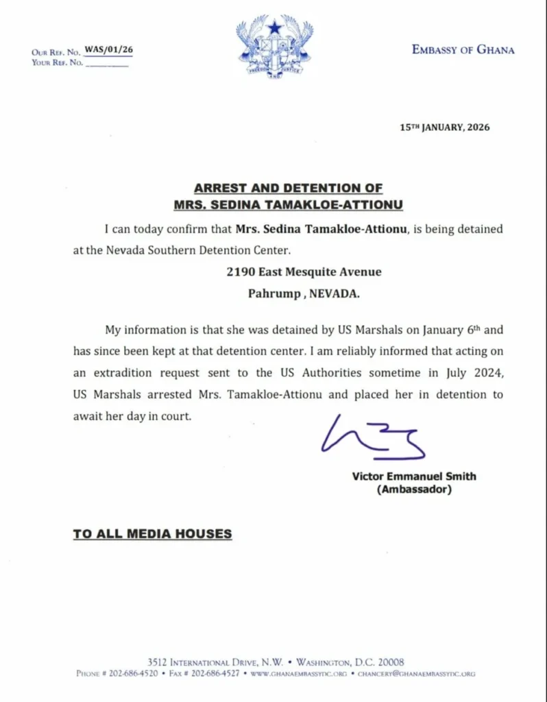 Official Ghana Embassy statement confirming the detention of Sedinam Tamakloe in the United States.