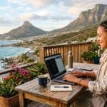 Africa digital nomad working on a laptop on a sunny balcony with a scenic mountain view