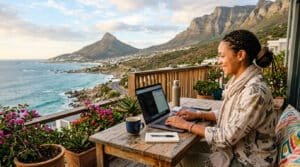 Africa digital nomad working on a laptop on a sunny balcony with a scenic mountain view